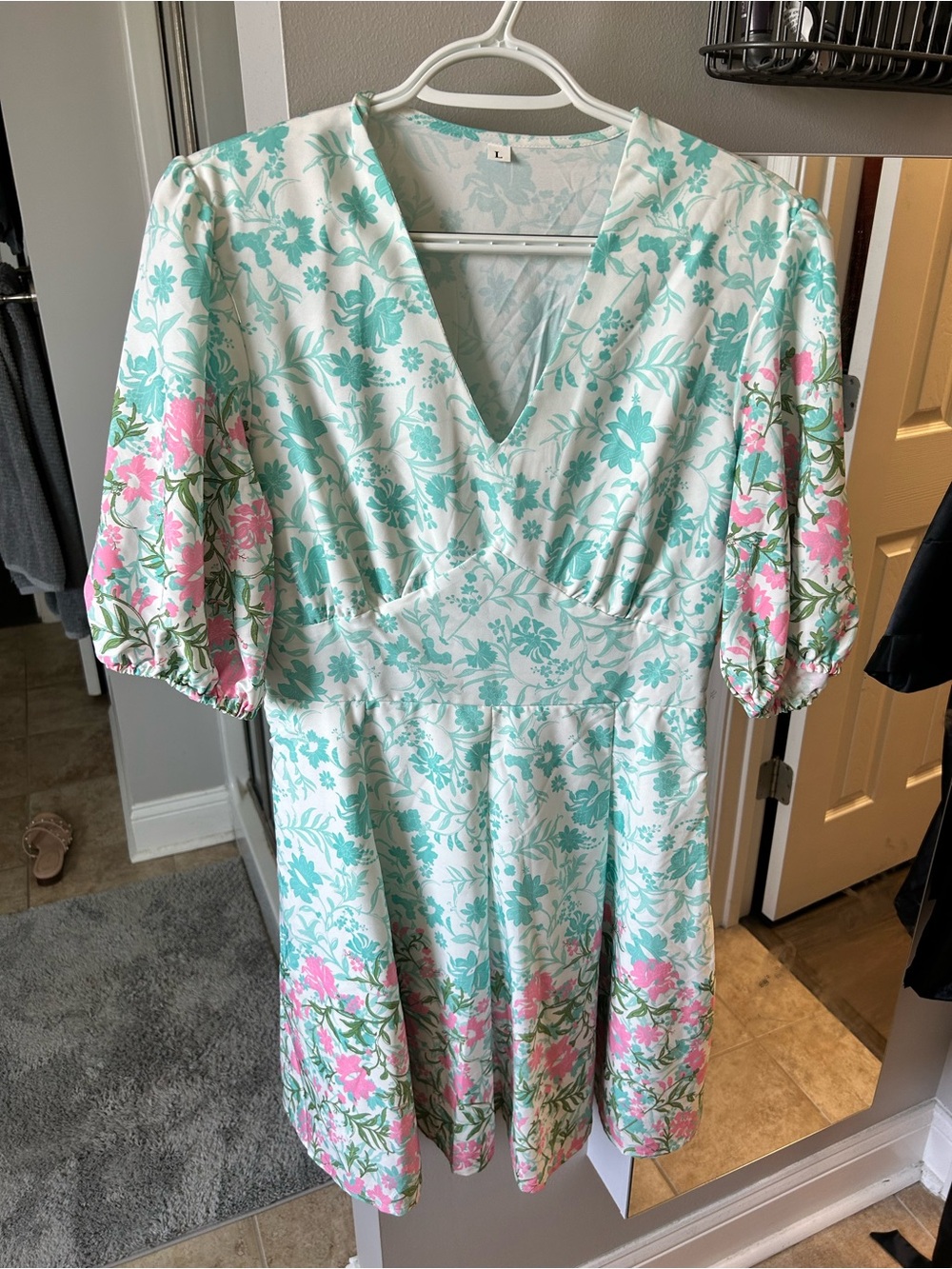 SHEIN Mint & Pink Floral V-Neck Puff Sleeve Dress